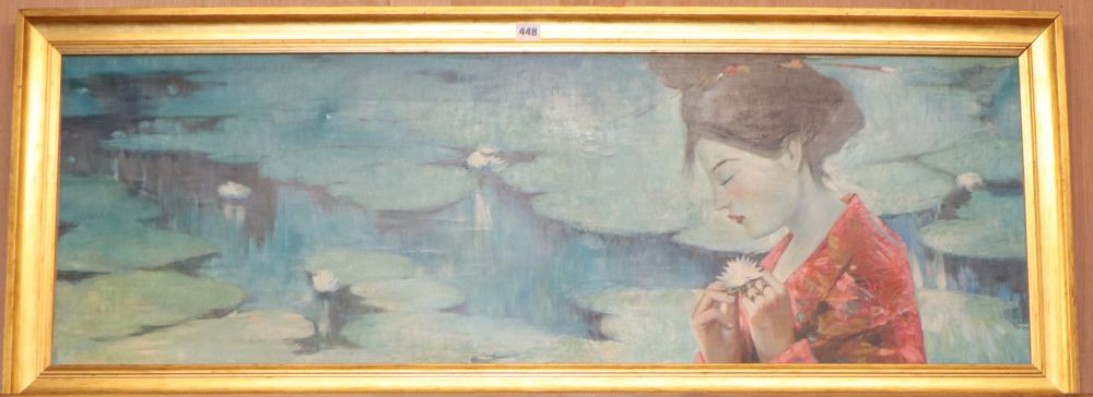 English School, oil on canvas, Geisha and waterlilies, 40 x 120cm.
